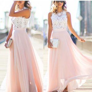 Cocktail Lace Long Dress Size Large White/Peach